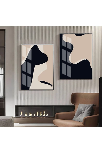 Harikabirev HARİKABİREV|SİYAH-BEJ SOYUT ABSTRACT KOMBİN 02 |ÇERÇEVELİ CAM TABLO  2Lİ DİKEY ürün görseli