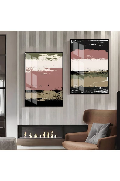 Harikabirev HARİKABİREV|PEMBE-YEŞİL-SİYAH ABSTRACT KOMBİN 1 |ÇERÇEVELİ CAM TABLO 2Lİ DİKEY
