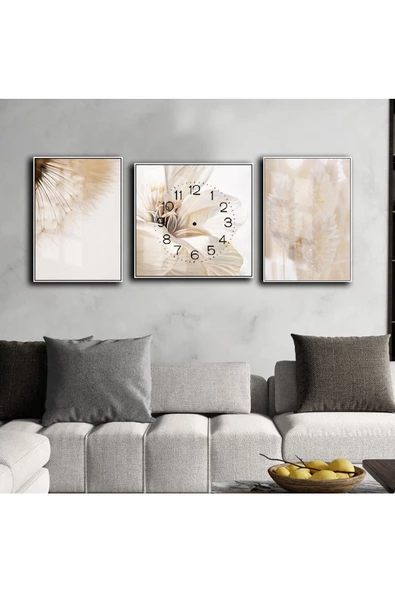 Harikabirev HARİKABİREV|KREM-BEYAZ ÇİÇEK KOMBİN MODELİ 01 |ÇERÇEVELİ SAATLİ CAM TABLO ürün görseli