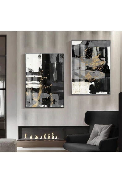 Harikabirev HARİKABİREV|GOLD-SİYAH-GRİ SOYUT ŞEKİL KOMBİN 05 |ÇERÇEVELİ CAM TABLO 2Lİ DİKEY