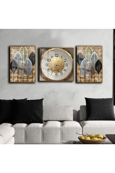 Harikabirev HARİKABİREV|SİYAH-GOLD YAPRAK DESENLİ KOMBİN MODELİ 01 |ÇERÇEVELİ SAATLİ CAM TABLO ürün görseli