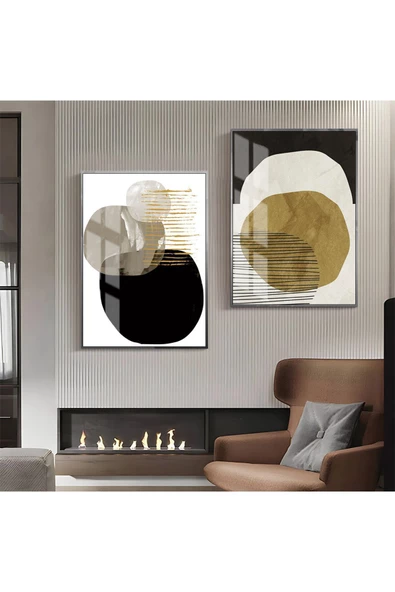 Harikabirev HARİKABİREV|SARI-SİYAH-GRİ SOYUT ABSTRACT KOMBİN 4 |ÇERÇEVELİ CAM TABLO  2Lİ DİKEY ürün görseli