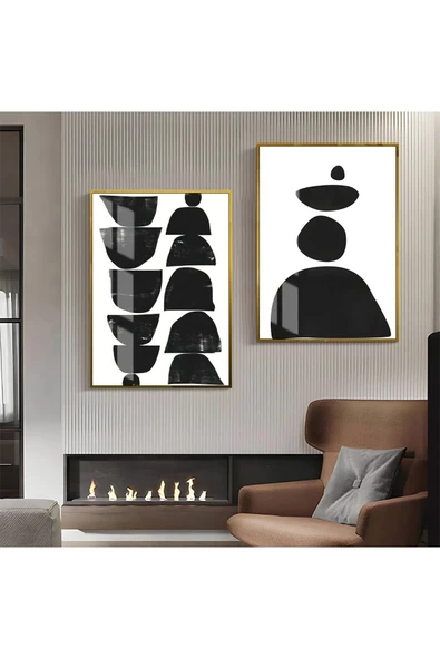 Harikabirev HARİKABİREV|SİYAH-BEYAZ ABSTRACT KOMBİN 1 |ÇERÇEVELİ CAM TABLO 2Lİ DİKEY