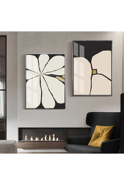 Harikabirev HARİKABİREV|KREM-GRİ-SARI SOYUT ÇİÇEK KOMBİN 1 |ÇERÇEVELİ CAM TABLO  2Lİ DİKEY ürün görseli