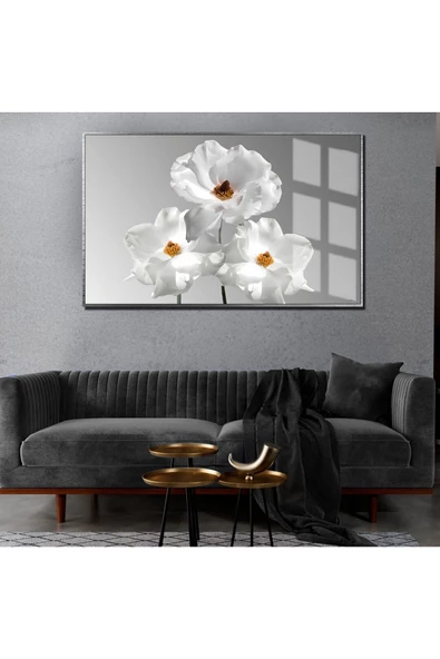 Harikabirev HARİKABİREV|SEVİLEN BEYAZ ÇİÇEK DEMETİ |ÇERÇEVELİ TEMPERLİ CAM TABLO TEKLİ YATAY ürün görseli