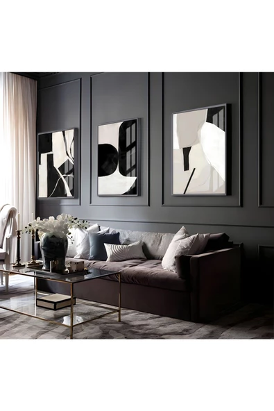 Harikabirev HARİKABİREV|ANTRASİT GRİ-KREM MODERN SOYUT VEKTÖREL 4 ÇALIŞMA |ÇERÇEVELİ CAM TABLO 3LÜ DİKEY ürün görseli