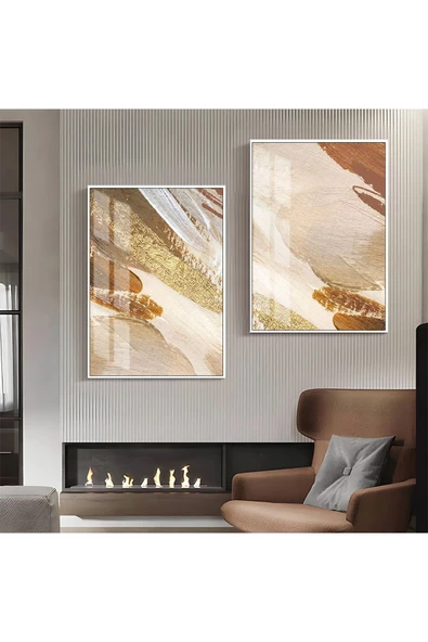 Harikabirev HARİKABİREV|KREM-GOLD-BEJ SOYUT ABSTRACT KOMBİN |ÇERÇEVELİ CAM TABLO  2Lİ DİKEY ürün görseli