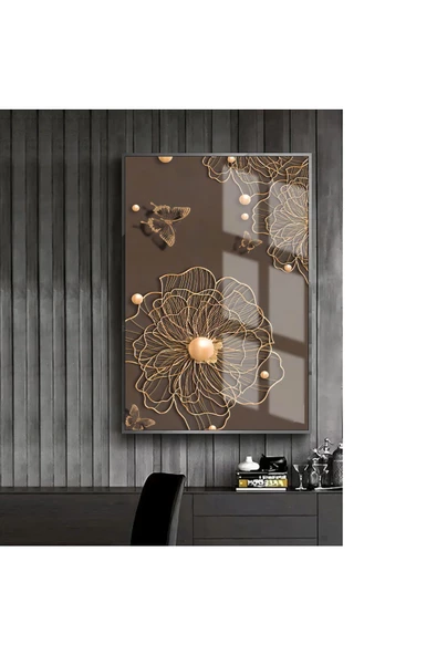 Harikabirev GOLD-KAHVERENGİ ÇİÇEKLİ MODEL 1 |ÇERÇEVELİ TEMPERLİ CAM TABLO TEKLİ DİKEY ürün görseli
