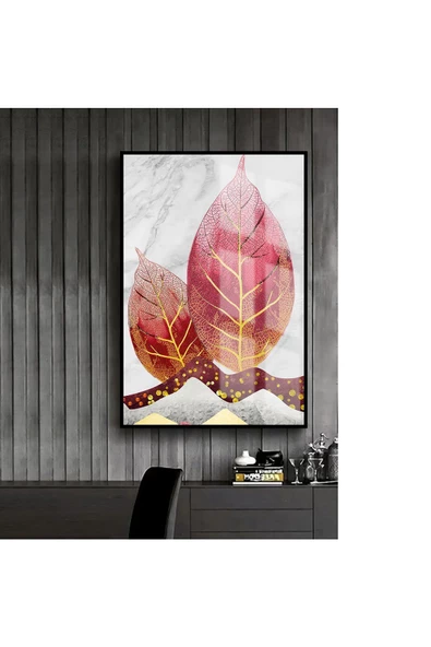 Harikabirev HARİKABİREV|KIRMIZI-SARI-GRİ YAPRAK MODEL 1 |ÇERÇEVELİ TEMPERLİ CAM TABLO TEKLİ DİKEY ürün görseli