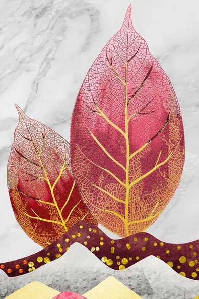 Harikabirev HARİKABİREV|KIRMIZI-SARI-GRİ YAPRAK MODEL 1 |ÇERÇEVELİ TEMPERLİ CAM TABLO TEKLİ DİKEY - Resim 2