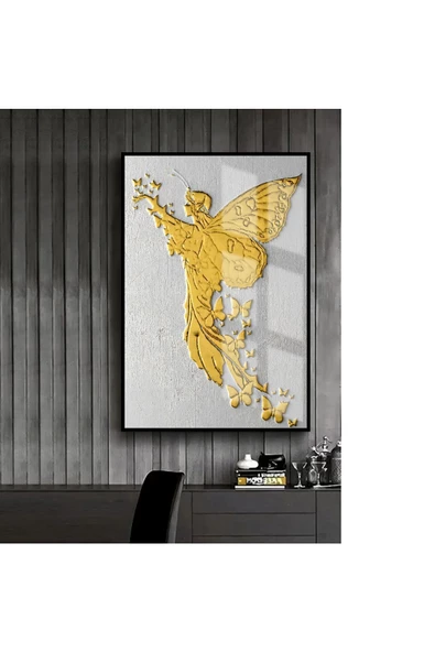 Harikabirev HARİKABİREV|GOLD-BEYAZ-KABARTMASIZ MELEK MODEL 2 |ÇERÇEVELİ TEMPERLİ CAM TABLO TEKLİ DİKEY ürün görseli