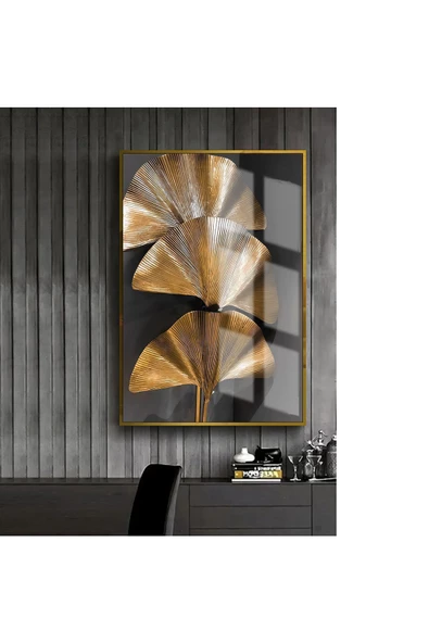 Harikabirev HARİKABİREV|GOLD-SİYAH YAPRAK MODEL 1 |ÇERÇEVELİ TEMPERLİ CAM TABLO TEKLİ DİKEY ürün görseli