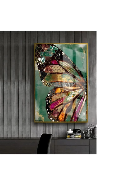 Harikabirev HARİKABİREV|YEŞİL-PEMBE-TURUNCU KELEBEK MODEL 1 |ÇERÇEVELİ TEMPERLİ CAM TABLO TEKLİ DİKEY ürün görseli