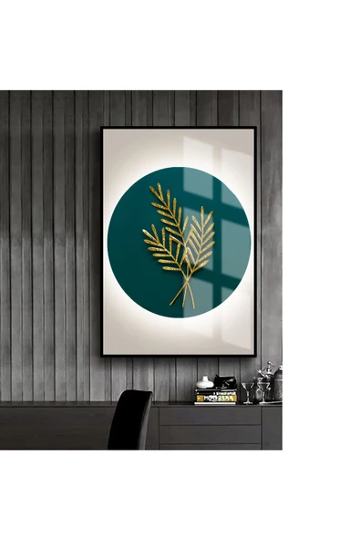 Harikabirev HARİKABİREV|YEŞİL-GOLD BUĞDAY DESENLİ  MODEL 1 |ÇERÇEVELİ TEMPERLİ CAM TABLO TEKLİ DİKEY ürün görseli