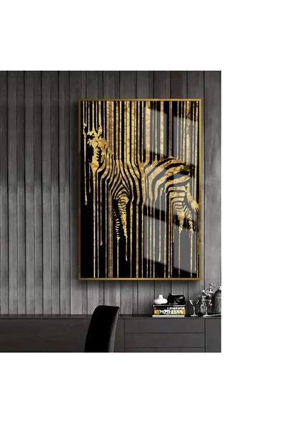 Harikabirev HARİKABİREV|GOLD-SİYAH ZEBRA DESENLİ MODEL 1 |ÇERÇEVELİ TEMPERLİ CAM TABLO TEKLİ DİKEY