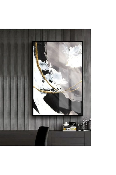 Harikabirev HARİKABİREV|GOLD-SİYAH-BEYAZ SOYUT MODEL 1 |ÇERÇEVELİ TEMPERLİ CAM TABLO TEKLİ DİKEY ürün görseli