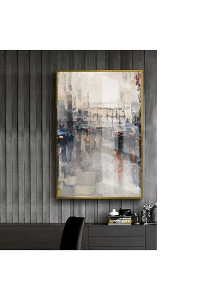 Harikabirev HARİKABİREV|KREM-BEJ-SİYAH ŞEHİR SOYUT MODELİ 1 |ÇERÇEVELİ TEMPERLİ CAM TABLO TEKLİ DİKEY ürün görseli