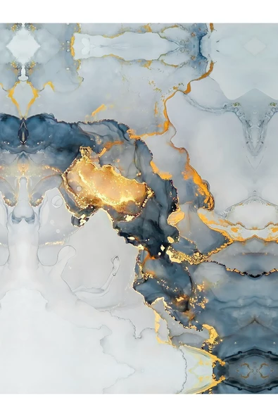 Harikabirev HARİKABİREV|GOLD-MAVİ-BEYAZ SOYUT MODEL 1 |ÇERÇEVELİ TEMPERLİ CAM TABLO TEKLİ DİKEY - Resim 2