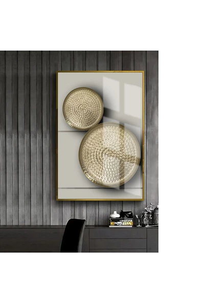 Harikabirev HARİKABİREV|GOLD-GRİ YUVARLAK DESENLİ MODEL |ÇERÇEVELİ TEMPERLİ CAM TABLO TEKLİ DİKEY ürün görseli