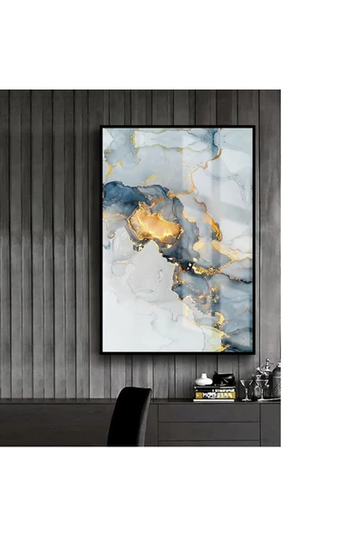 Harikabirev HARİKABİREV|GOLD-MAVİ-BEYAZ SOYUT MODEL 1 |ÇERÇEVELİ TEMPERLİ CAM TABLO TEKLİ DİKEY ürün görseli