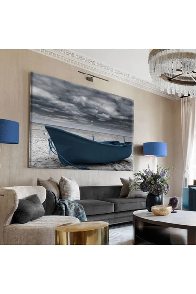 Harikabirev Hari?kabi?rev|gri?-mavi? Kayik Manzara Tablosu|tekli? Çerçevesi?z Yatay Kanvas Tablo ürün görseli