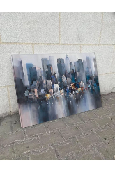 Harikabirev Hari?kabi?rev|mavi?-gri? Yağli Boya Görünümlü Şehi?r Tablosu |tekli? Çerçevesi?z Yatay Kanvas Tablo - Resim 2