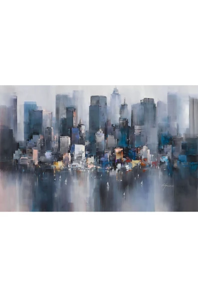 Harikabirev Hari?kabi?rev|mavi?-gri? Yağli Boya Görünümlü Şehi?r Tablosu |tekli? Çerçevesi?z Yatay Kanvas Tablo - Resim 3