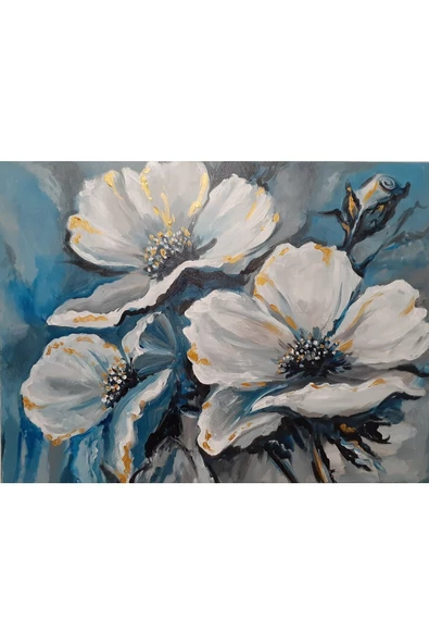 Harikabirev Hari?kabi?rev|mavi?-beyaz-gri? Çi?çek Detayli Tablo |tekli? Çerçevesi?z Yatay Kanvas Tablo - Resim 3