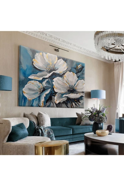 Harikabirev Hari?kabi?rev|mavi?-beyaz-gri? Çi?çek Detayli Tablo |tekli? Çerçevesi?z Yatay Kanvas Tablo ürün görseli