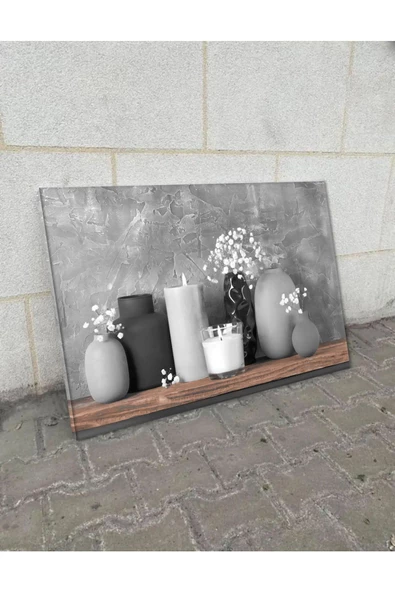 Harikabirev Hari?kabi?rev|si?yah-gri?-kahve Çi?çek-mum Dekor Tablosu|tekli? Çerçevesi?z Yatay Kanvas Tablo - Resim 2