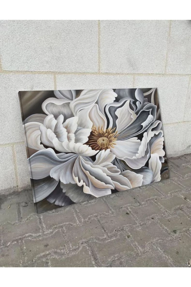 Harikabirev Hari?kabi?rev|gri?-si?yah-sari Detayli Çi?çek Tablosu 7|tekli? Çerçevesi?z Yatay Kanvas Tablo - Resim 2