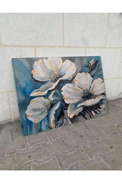 Harikabirev Hari?kabi?rev|mavi?-beyaz-gri? Çi?çek Detayli Tablo |tekli? Çerçevesi?z Yatay Kanvas Tablo - Resim 2