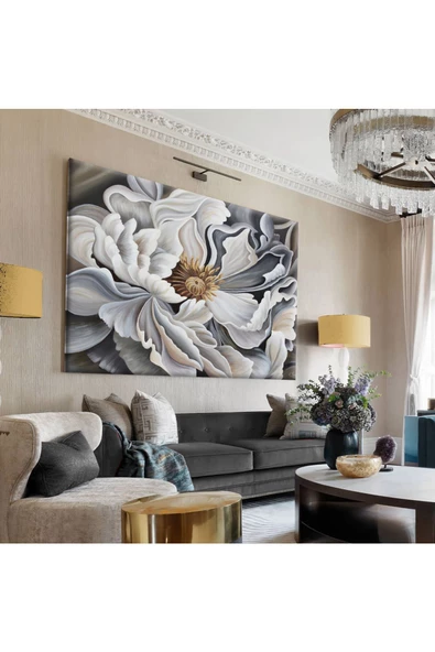 Harikabirev Hari?kabi?rev|gri?-si?yah-sari Detayli Çi?çek Tablosu 7|tekli? Çerçevesi?z Yatay Kanvas Tablo ürün görseli