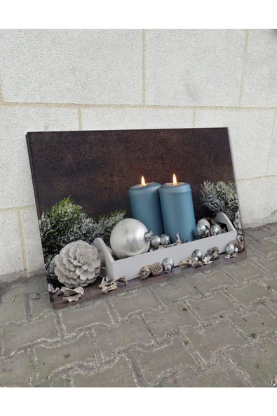 Harikabirev HARİKABİREV|YEŞİL-MAVİ-BEYAZ ÇAM DETAYLI MUM TABLOSU 7 |TEKLİ ÇERÇEVESİZ YATAY KANVAS TABLO - Resim 2