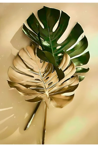 Harikabirev HARİKABİREV|YEŞİL-GOLD YAPRAK DESENLİ MODEL|ÇERÇEVELİ TEMPERLİ CAM TABLO TEKLİ DİKEY - Resim 2