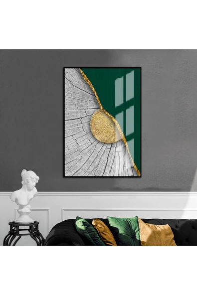 Harikabirev HARİKABİREV|GRİ-YEŞİL-GOLD ETNİK SOYUT MODELİ 3 |ÇERÇEVELİ TEMPERLİ CAM TABLO TEKLİ DİKEY - 1