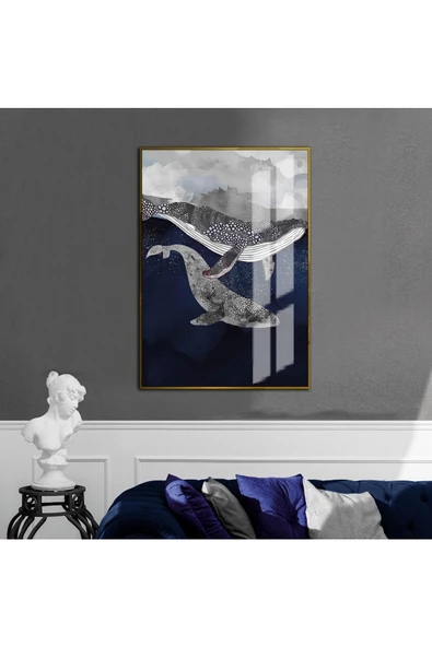 Harikabirev HARİKABİREV|MAVİ-GRİ-SİYAH YUNUS DETAYLI MODEL 3 |ÇERÇEVELİ TEMPERLİ CAM TABLO TEKLİ DİKEY ürün görseli