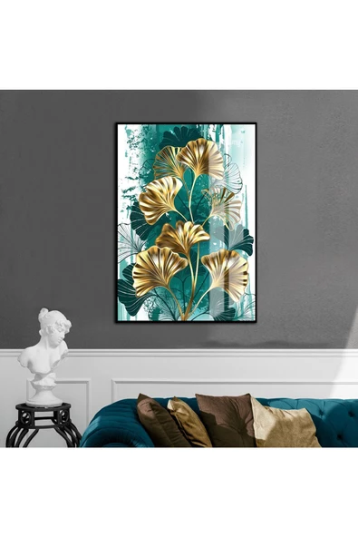 Harikabirev HARİKABİREV|BEYAZ-YEŞİL-GOLD SİLUETLİ YAPRAK MODELİ 1 |ÇERÇEVELİ TEMPERLİ CAM TABLO TEKLİ DİKEY ürün görseli