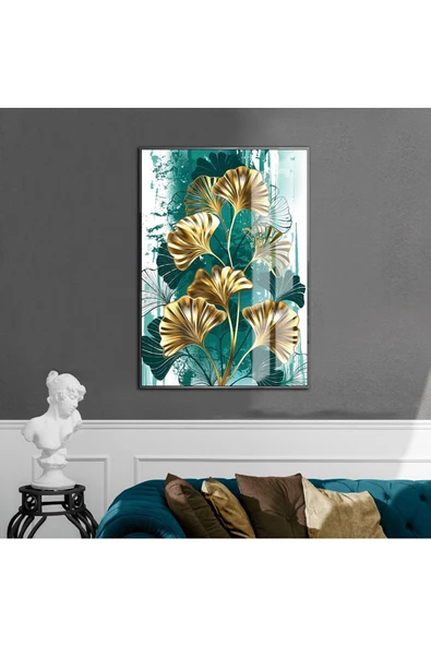 Harikabirev HARİKABİREV|BEYAZ-YEŞİL-GOLD SİLUETLİ YAPRAK MODELİ 1 |ÇERÇEVELİ TEMPERLİ CAM TABLO TEKLİ DİKEY ürün görseli