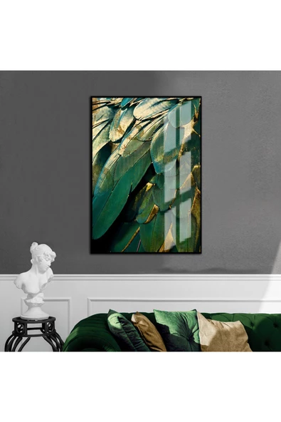 Harikabirev HARİKABİREV|YEŞİL-GOLD KUŞ TÜYÜ DESENLİ MODEL |ÇERÇEVELİ TEMPERLİ CAM TABLO TEKLİ DİKEY ürün görseli