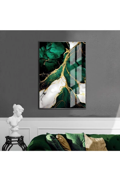 Harikabirev HARİKABİREV|YEŞİL-GOLD-BEYAZ SOYUT DESENLİ MODEL 1 |ÇERÇEVELİ TEMPERLİ CAM TABLO TEKLİ DİKEY ürün görseli