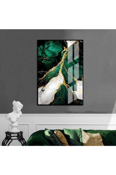 Harikabirev HARİKABİREV|YEŞİL-GOLD-BEYAZ SOYUT DESENLİ MODEL 1 |ÇERÇEVELİ TEMPERLİ CAM TABLO TEKLİ DİKEY ürün görseli