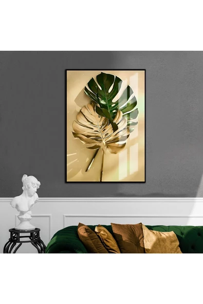 Harikabirev HARİKABİREV|YEŞİL-GOLD YAPRAK DESENLİ MODEL|ÇERÇEVELİ TEMPERLİ CAM TABLO TEKLİ DİKEY ürün görseli