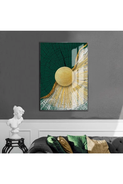 Harikabirev HARİKABİREV|GRİ-YEŞİL-GOLD ETNİK SOYUT MODELİ 2 |ÇERÇEVELİ TEMPERLİ CAM TABLO TEKLİ DİKEY ürün görseli