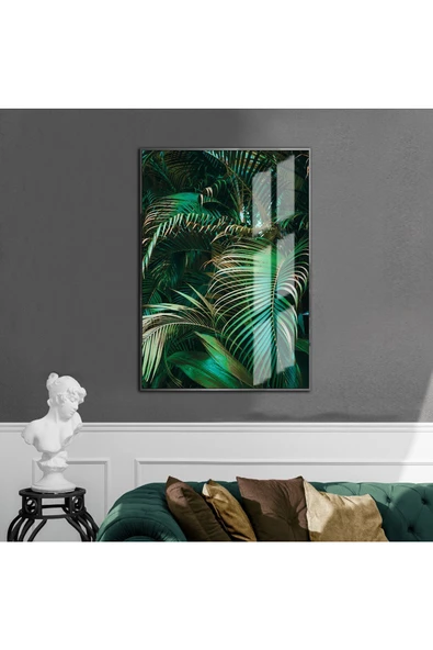 Harikabirev HARİKABİREV|YEŞİL PALMİYE YAPRAKLI MODEL |ÇERÇEVELİ TEMPERLİ CAM TABLO TEKLİ DİKEY ürün görseli