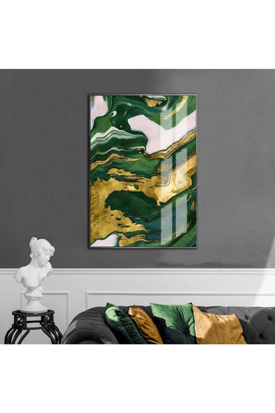 Harikabirev HARİKABİREV|YEŞİL-GOLD-BEYAZ SOYUT DESENLİ MODEL 2 |ÇERÇEVELİ TEMPERLİ CAM TABLO TEKLİ DİKEY ürün görseli