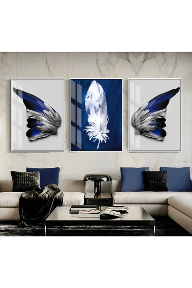 Harikabirev HARİKABİREV|LACİVERT-GÜMÜŞ TÜY VE KELEBEK KANAT KOMBİN |ÇERÇEVELİ CAM TABLO 3LÜ DİKEY ürün görseli