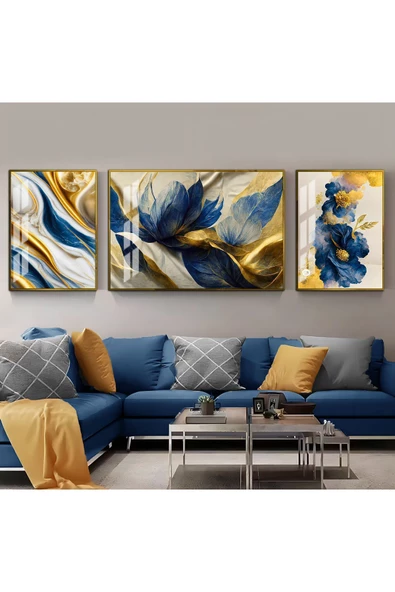 Harikabirev HARİKABİREV|LACİVERT-GOLD SEVİLEN SOYUT ÇİÇEKLER KOMBİNİ 3|ÇERÇEVELİ TEMPERLİ CAM TABLO 3LÜ YATAY ürün görseli
