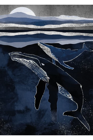 Harikabirev HARİKABİREV|MAVİ-GRİ-SİYAH YUNUS DETAYLI MODEL 2 |ÇERÇEVELİ TEMPERLİ CAM TABLO TEKLİ DİKEY - Resim 2