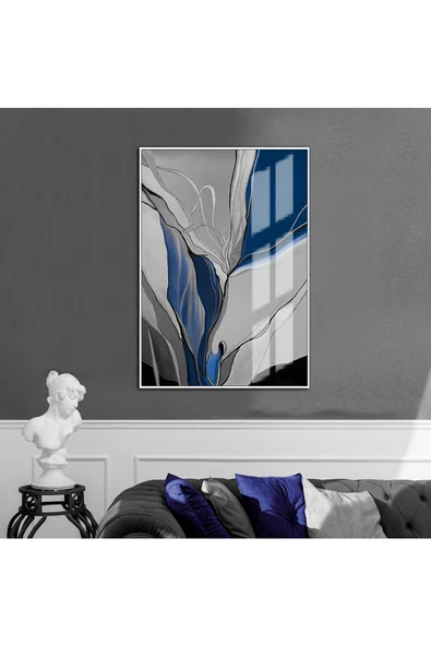 Harikabirev HARİKABİREV|MAVİ-GRİ-GÜMÜŞ KABARTMASIZ SOYUT MODEL 5 |ÇERÇEVELİ TEMPERLİ CAM TABLO TEKLİ DİKEY ürün görseli